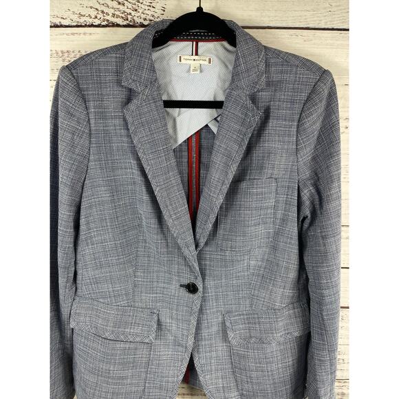 Tommy Hilfiger Blazer Womens 10 Blue Check One Button Lined Career Jacket Work - Picture 2 of 11